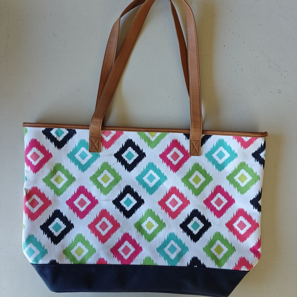 Thirty-One Colorful Geometric Tote with Brown Handles